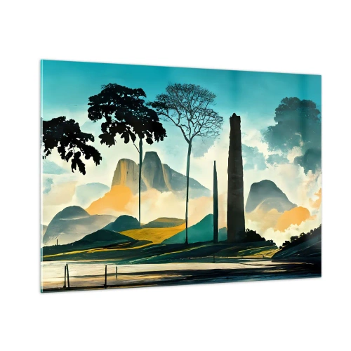 Glasbild - Bild auf glas - Eine Fantasielandschaft mit Bergen, Bäumen und einem hoch aufragenden Felsen - 100x70cm - Immer höher und höher - Moderne Wanddekoration für Wohnzimmer und Schlafzimmer ARTTOR