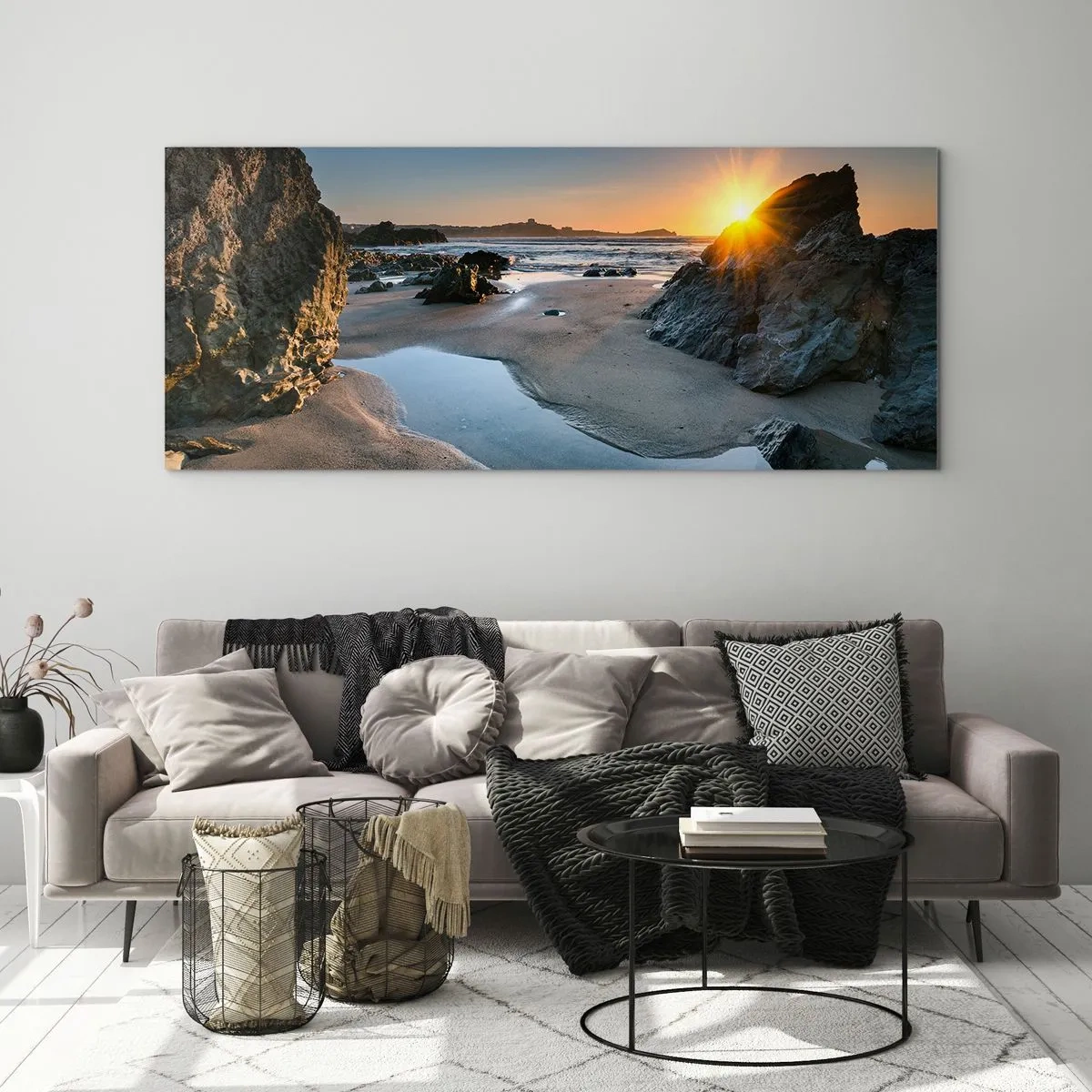 Glasbild - Bild auf glas - Malerischer Sonnenuntergang an einem felsigen Strand - 140x50cm - Unberührt von menschlicher Hand - Moderne Wanddekoration für Wohnzimmer und Schlafzimmer ARTTOR