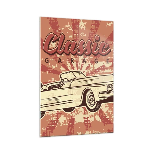 Glasbild - Bild auf glas - Retro-Poster mit einem Oldtimer und der Aufschrift „Classic Garage“ - 70x100cm - Und im Radio, Elvis - Moderne Wanddekoration für Wohnzimmer und Schlafzimmer ARTTOR