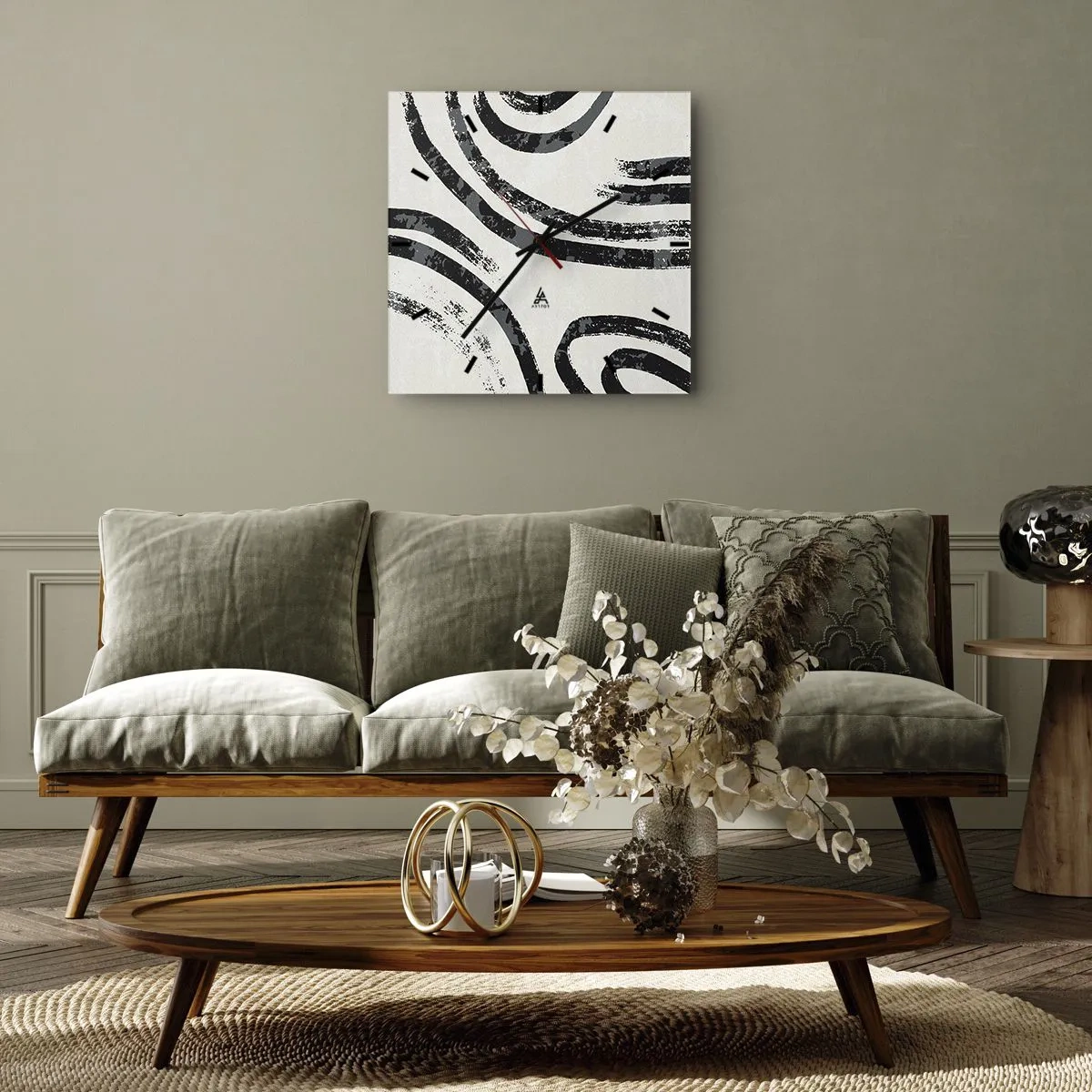 Wanduhr - Glasuhr - Schwarz-weiße abstrakte Linien auf hellem Hintergrund - 30x30cm - Bei Hälfte angehalten - Moderne Wanddekoration für Wohnzimmer und Schlafzimmer ARTTOR