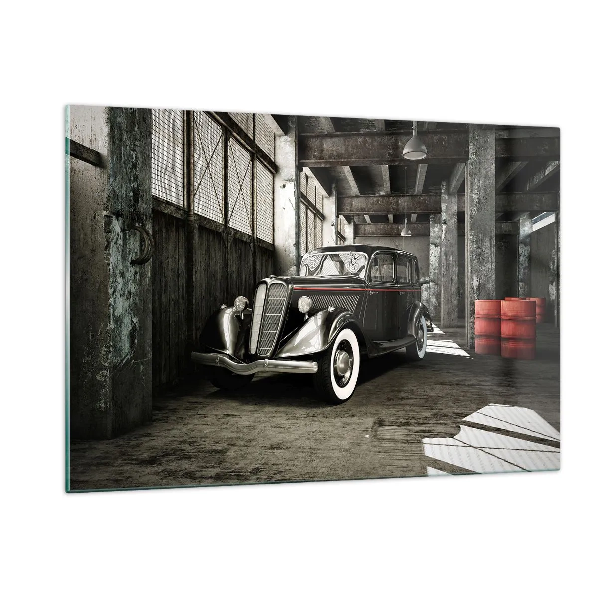 Glasbild - Bild auf glas - Ein Oldtimer in einer stilvollen Garage - 120x80cm - Die ewige Eleganz der 1930er Jahre - Moderne Wanddekoration für Wohnzimmer und Schlafzimmer ARTTOR