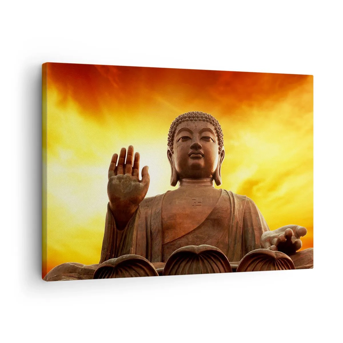 Bild auf Leinwand - Leinwandbild - Eine Buddha-Statue vor einem goldenen Sonnenuntergangshimmel - 70x50cm - Frieden der Welt - Moderne Wanddekoration für Wohnzimmer und Schlafzimmer ARTTOR