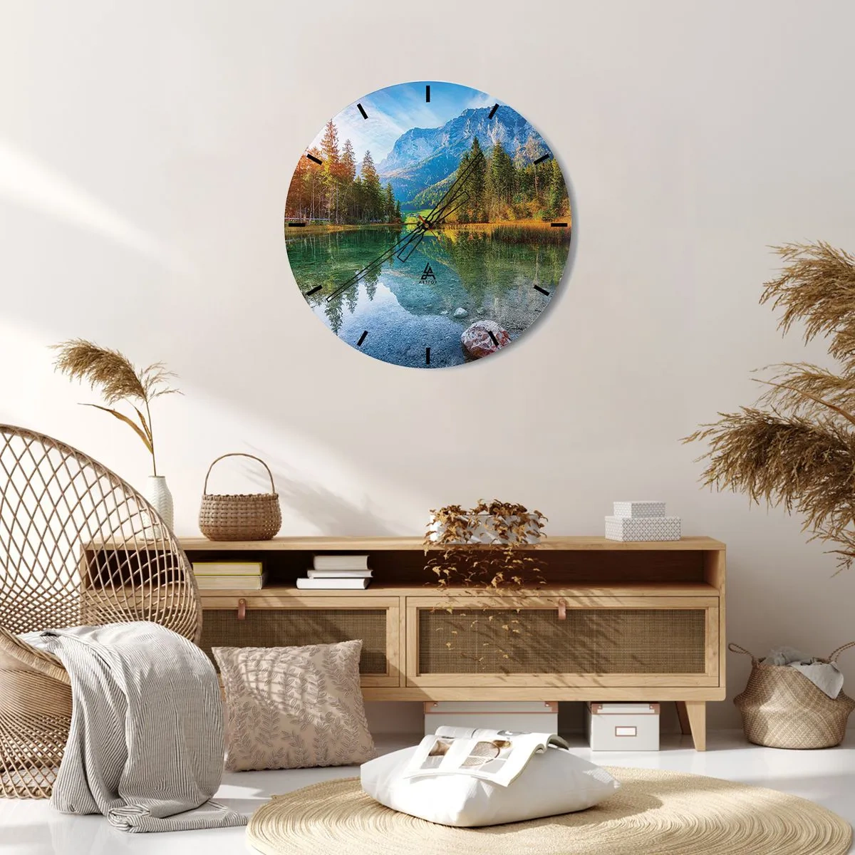 Wanduhr - Glasuhr - Berglandschaft mit See und Wald - 30x30cm - Die Sanftheit des Herbstes - Moderne Wanddekoration für Wohnzimmer, Küche und Schlafzimmer ARTTOR