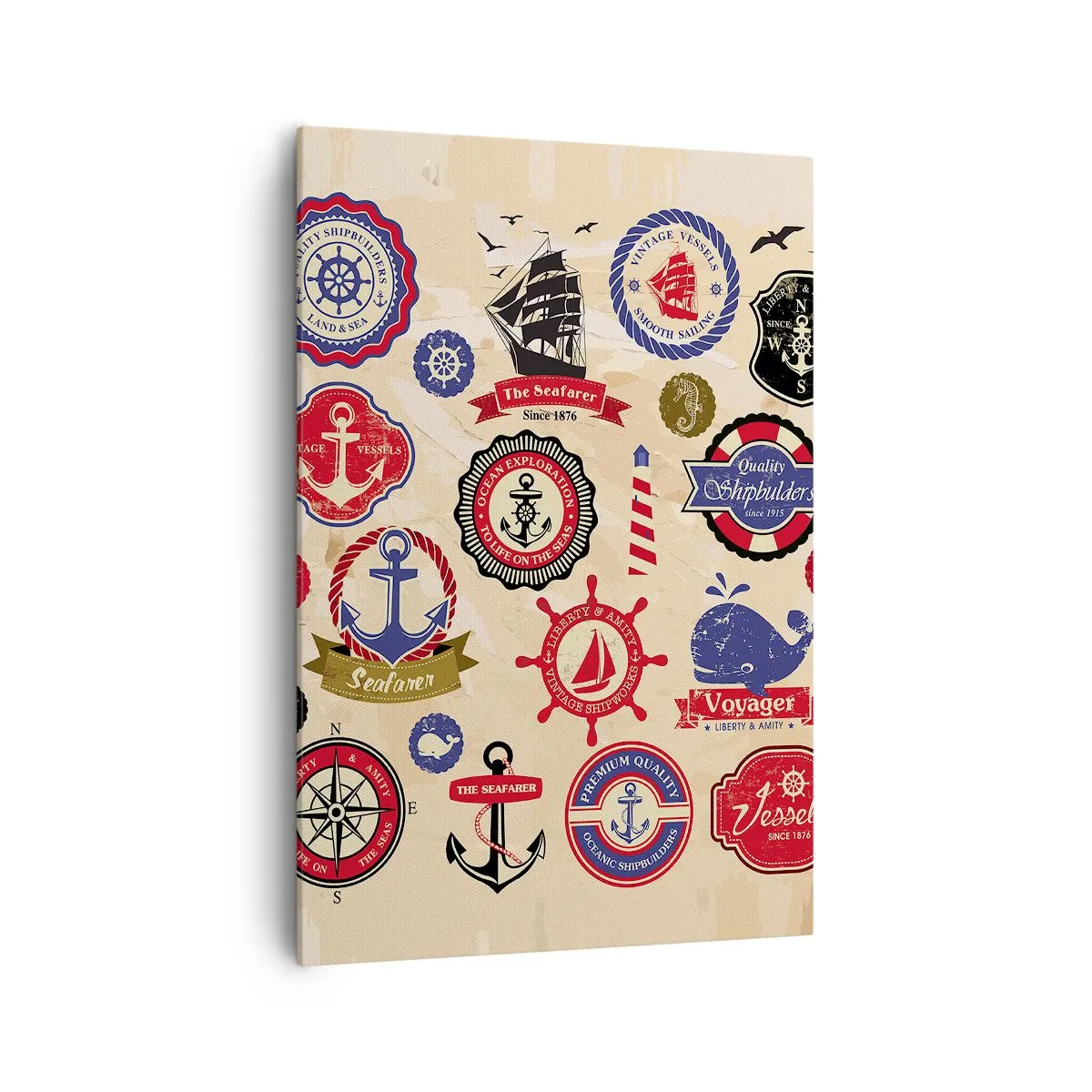 Bild auf Leinwand - Leinwandbild - Eine Sammlung nautischer Grafiken und Symbole auf hellem Hintergrund - 70x100cm - Segelbruderschaft - Moderne Wanddekoration für Wohnzimmer und Schlafzimmer ARTTOR