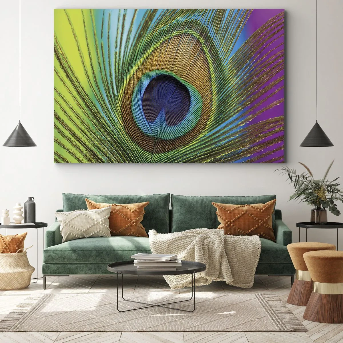 Bild auf Leinwand - Leinwandbild - Nahaufnahme einer Pfauenfeder mit lebendigen Farben - 70x50cm - Auge in Auge - Moderne Wanddekoration für Wohnzimmer und Schlafzimmer ARTTOR