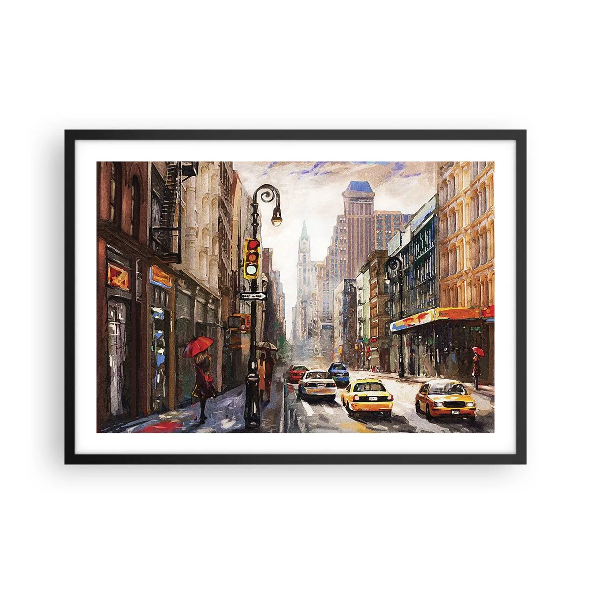 Poster in einem schwarzem Rahmen - Stadtbild mit einer Straße und gelben Taxis - 70x50cm - New York - auch im Regen bunt - Moderne Wanddekoration für Wohnzimmer und Schlafzimmer ARTTOR