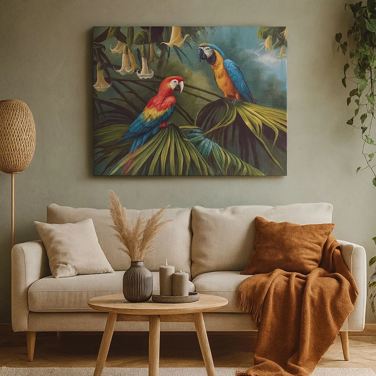 Bild auf Leinwand - Leinwandbild - Papageien in einem tropischen Wald mit exotischen Blumen im Hintergrund - 70x50cm - Romantik in den Tropen - Moderne Wanddekoration für Wohnzimmer und Schlafzimmer ARTTOR