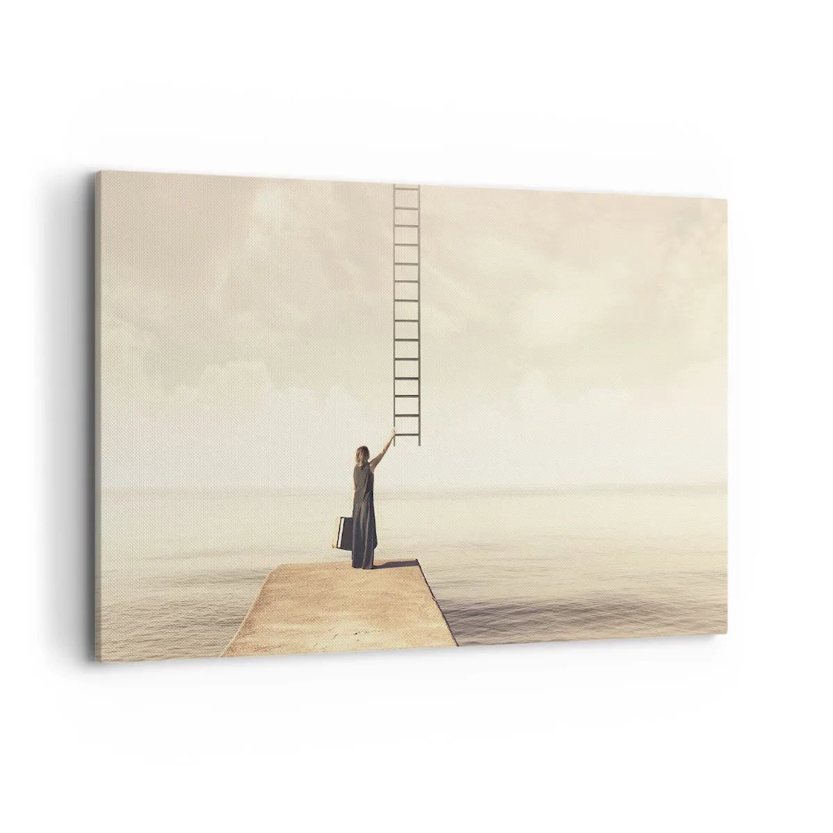 Bild auf Leinwand - Leinwandbild - Eine Frau steht auf einem Pier mit einer Leiter, die in den Himmel führt - 120x80cm - Eine magische Reise - Moderne Wanddekoration für Wohnzimmer und Schlafzimmer ARTTOR