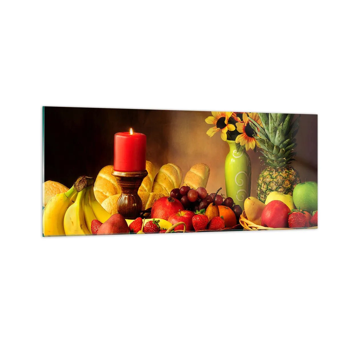 Glasbild - Bild auf glas - Stillleben mit Brot und Obst - 100x40 cm