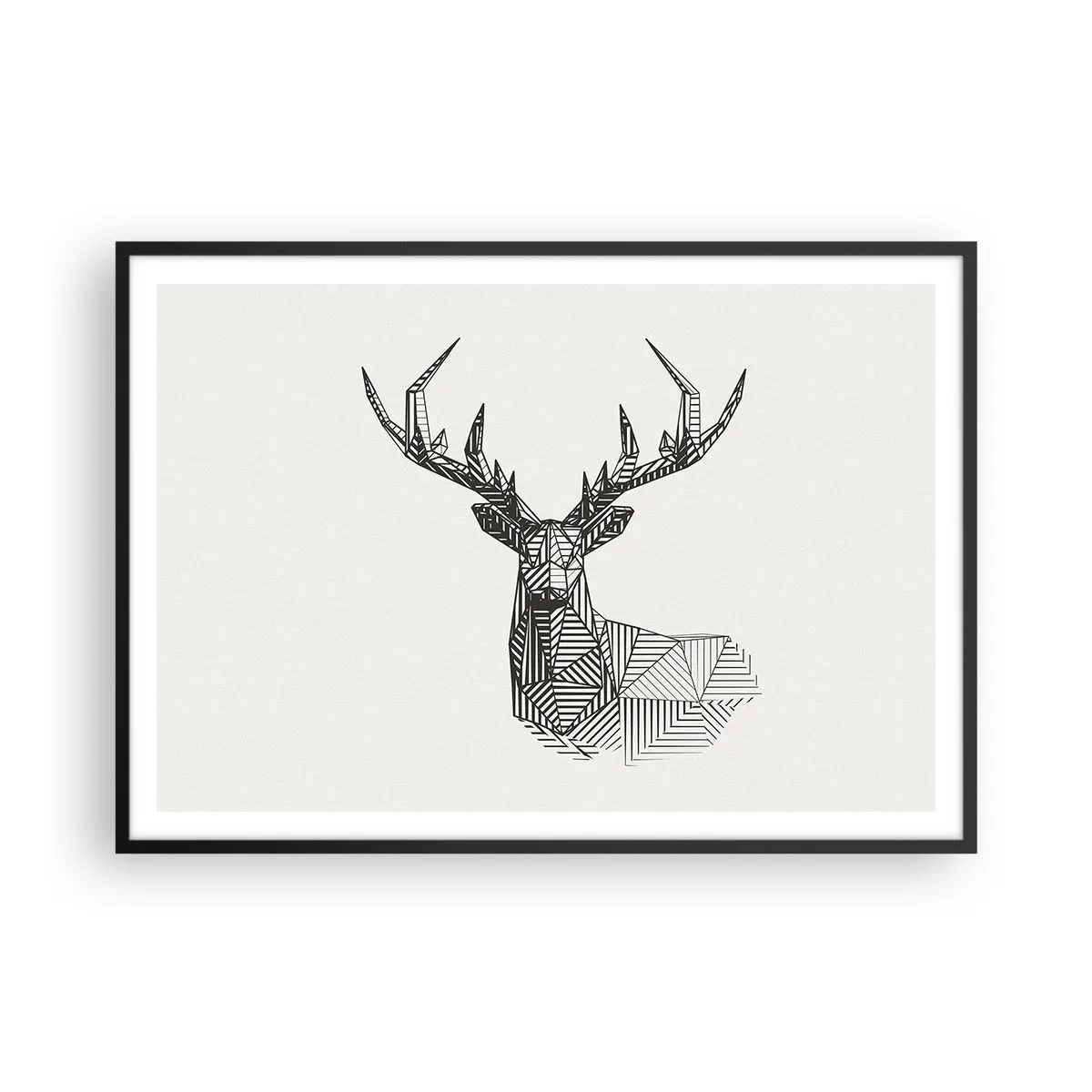 Poster in einem schwarzem Rahmen - Geometrisches Bild eines Hirsches im minimalistischen Schwarz-Weiß-Stil - 100x70cm - Ein Hirsch im kubistischen Stil - Moderne Wanddekoration für Wohnzimmer und Schlafzimmer ARTTOR