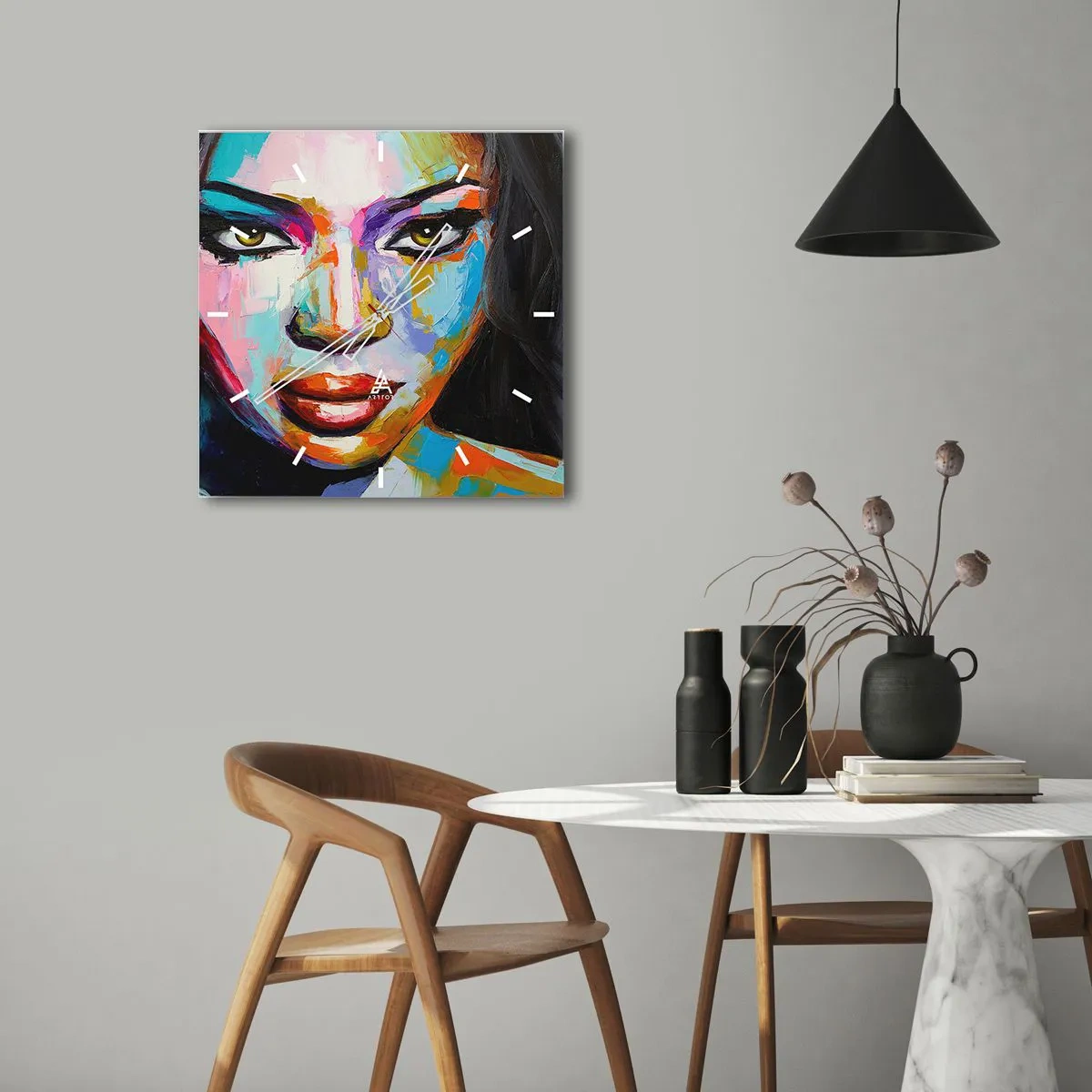 Wanduhr - Glasuhr - Ein farbenfrohes Porträt einer Frau mit intensivem Blick - 30x30cm - Es ist unmöglich die Augen abzuwenden - Moderne Wanddekoration für Wohnzimmer und Schlafzimmer ARTTOR
