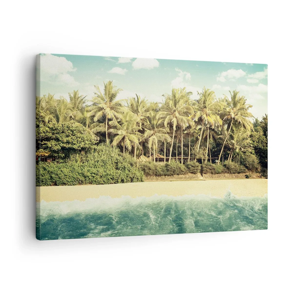 Bild auf Leinwand - Leinwandbild - Tropischer Strand mit Palmen und türkisfarbenem Meer - 70x50cm - Wie wäre es hier? - Moderne Wanddekoration für Wohnzimmer und Schlafzimmer ARTTOR