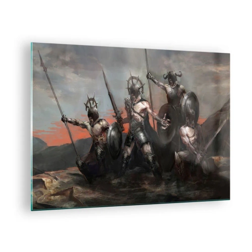 Glasbild - Bild auf glas - Krieger mit Speeren und Schilden vor dem roten Himmel - 70x50cm - Mit oder auf einem Schild - Moderne Wanddekoration für Wohnzimmer und Schlafzimmer ARTTOR