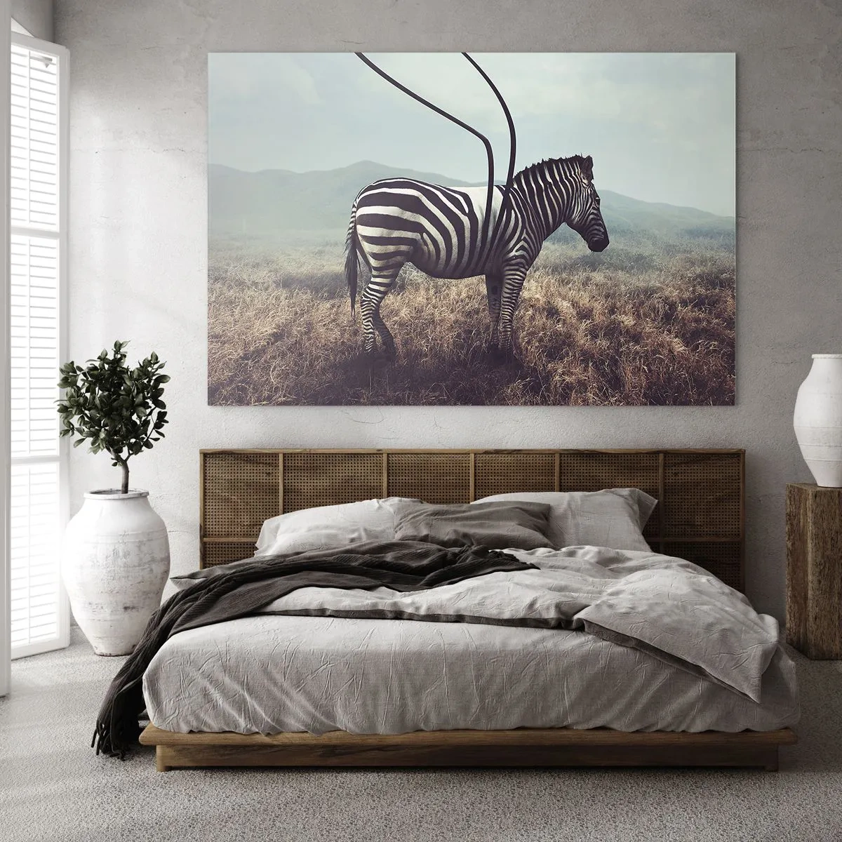 Glasbild - Bild auf glas - Zebra auf Grashintergrund mit surrealen Antennendetails - 100x70cm - Achtung! Fehler - Moderne Wanddekoration für Wohnzimmer und Schlafzimmer ARTTOR