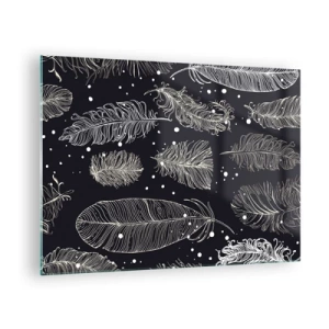 Glasbild - Bild auf glas - Weiße Federn auf schwarzem Hintergrund mit subtilen Details - 70x50cm - Gefiederte Spitze - Moderne Wanddekoration für Wohnzimmer und Schlafzimmer ARTTOR