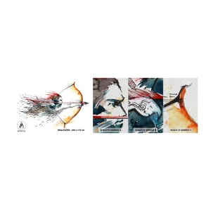 Fototapeten Muster Premium Sand - Mythischer Krieger mit feurigem Bogen - Abstraktion, Schütze, Bogenschuss - 100x30 cm