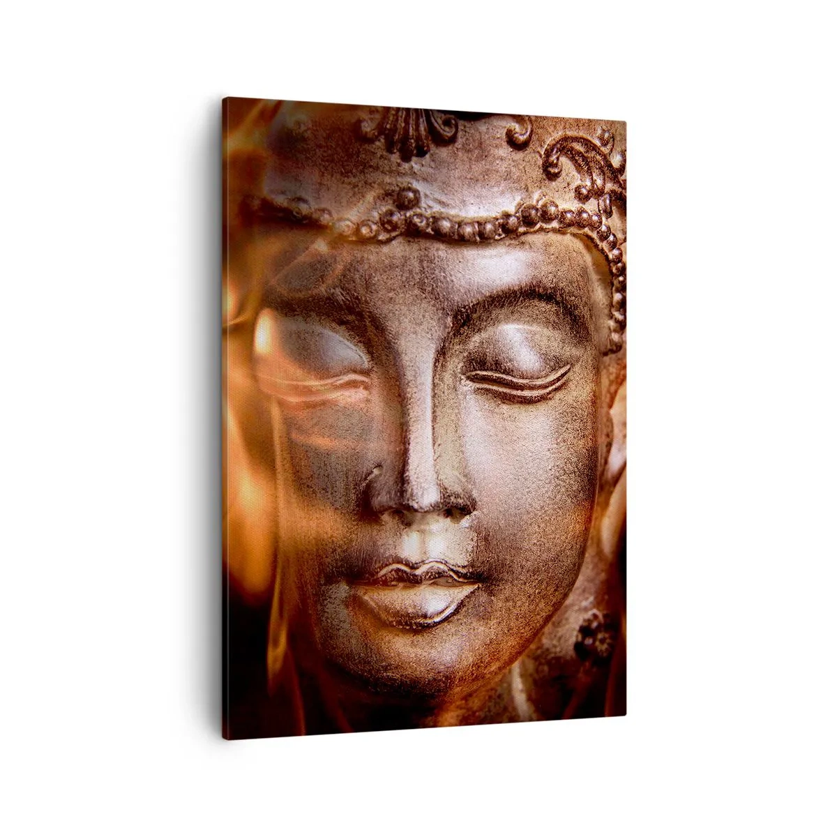 Bild auf Leinwand - Leinwandbild - Eine Buddha-Statue inmitten von Flammen in goldenen Farbtönen - 50x70cm - Es existiert nur hier und jetzt - Moderne Wanddekoration für Wohnzimmer und Schlafzimmer ARTTOR