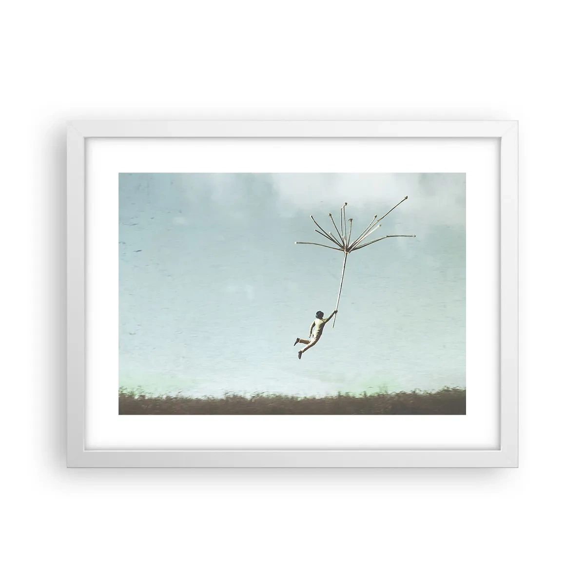 Poster in einem weißen Rahmen - Drachen, Löwenzahn, Wind - 40x30 cm