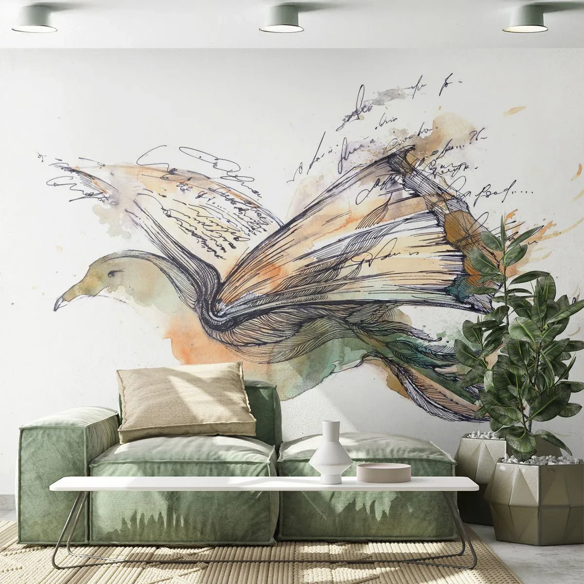 Fototapete Premium Sand - Ein Vogel mit ausgebreiteten Flügeln in Form eines Buches - 100x70cm - Auf den Flügeln der Poesie - Moderne Wanddekoration für Wohnzimmer und Schlafzimmer ARTTOR