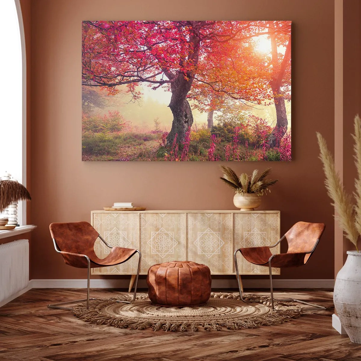 Bild auf Leinwand - Leinwandbild - Herbstlandschaft mit Bäumen in intensiven Farben - 100x70cm - Blühende Raserei - Moderne Wanddekoration für Wohnzimmer und Schlafzimmer ARTTOR