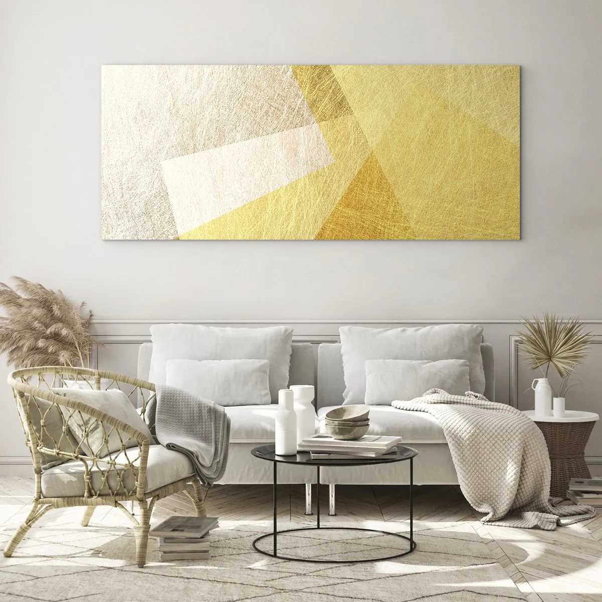 Glasbild - Bild auf glas - Geometrische Formen in Gold und hellen Farbtönen - 120x50cm - Geometriewetter - Moderne Wanddekoration für Wohnzimmer und Schlafzimmer ARTTOR