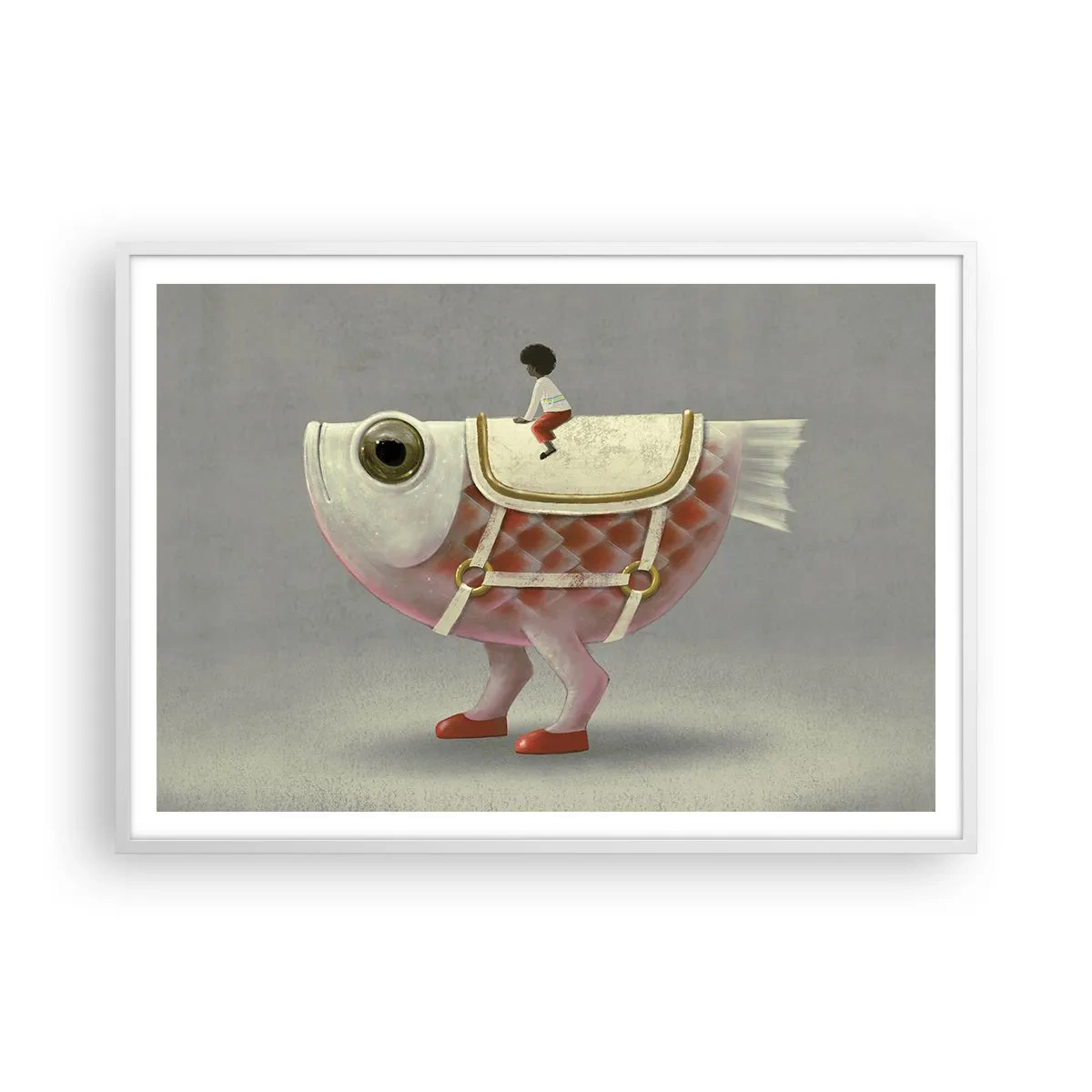 Poster in einem weißen Rahmen - Reiter auf einem surrealen Fisch - 100x70 cm