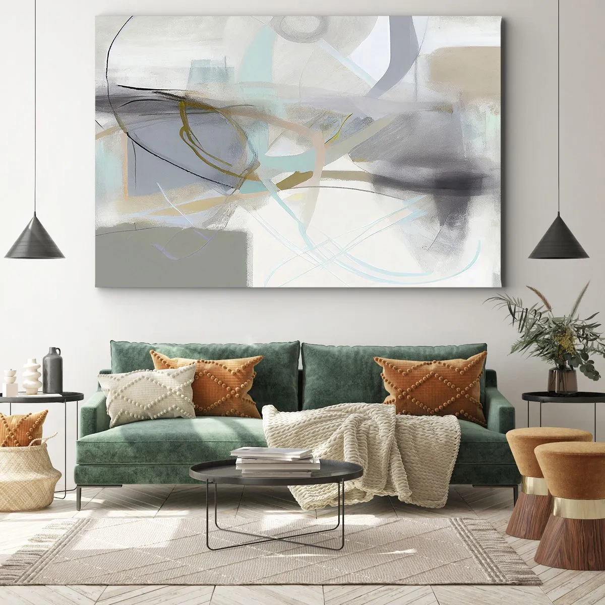 Bild auf Leinwand - Leinwandbild - Pastellabstraktion mit zarten Linien - 70x50cm - Neblige Abstraktion - Moderne Wanddekoration für Wohnzimmer und Schlafzimmer ARTTOR