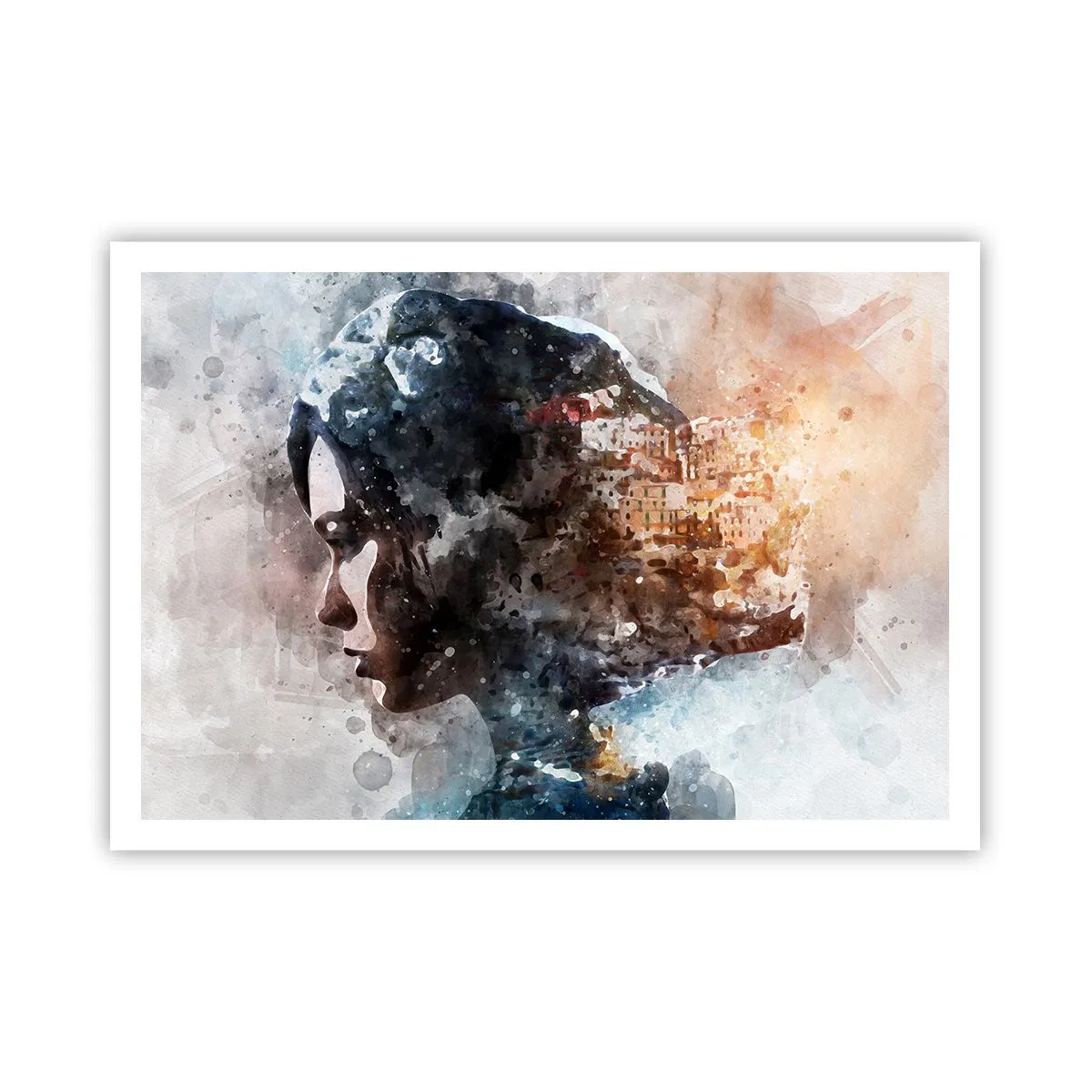 Poster - Porträt einer Frau, die ihr Gesicht mit einer Stadtlandschaft im Hintergrund kombiniert - 100x70cm - Eine Geschichte über ein Mädchen mit einer Stadt im Hintergrund - Moderne Wanddekoration für Wohnzimmer und Schlafzimmer ARTTOR