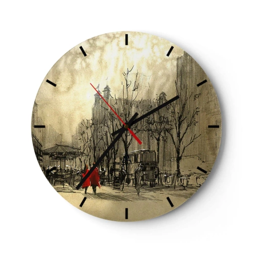 Wanduhr - Glasuhr - Ein Cartoon-Straßenmotiv mit zwei Figuren - 30x30cm - Ein Date im Londoner Nebel - Moderne Wanddekoration für Wohnzimmer, Küche und Schlafzimmer ARTTOR