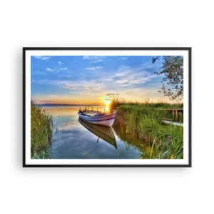 Poster in einem schwarzem Rahmen - Ein Boot in einer ruhigen Bucht bei Sonnenuntergang - 100x70cm - Bucht erfüllter Träume - Moderne Wanddekoration für Wohnzimmer und Schlafzimmer ARTTOR