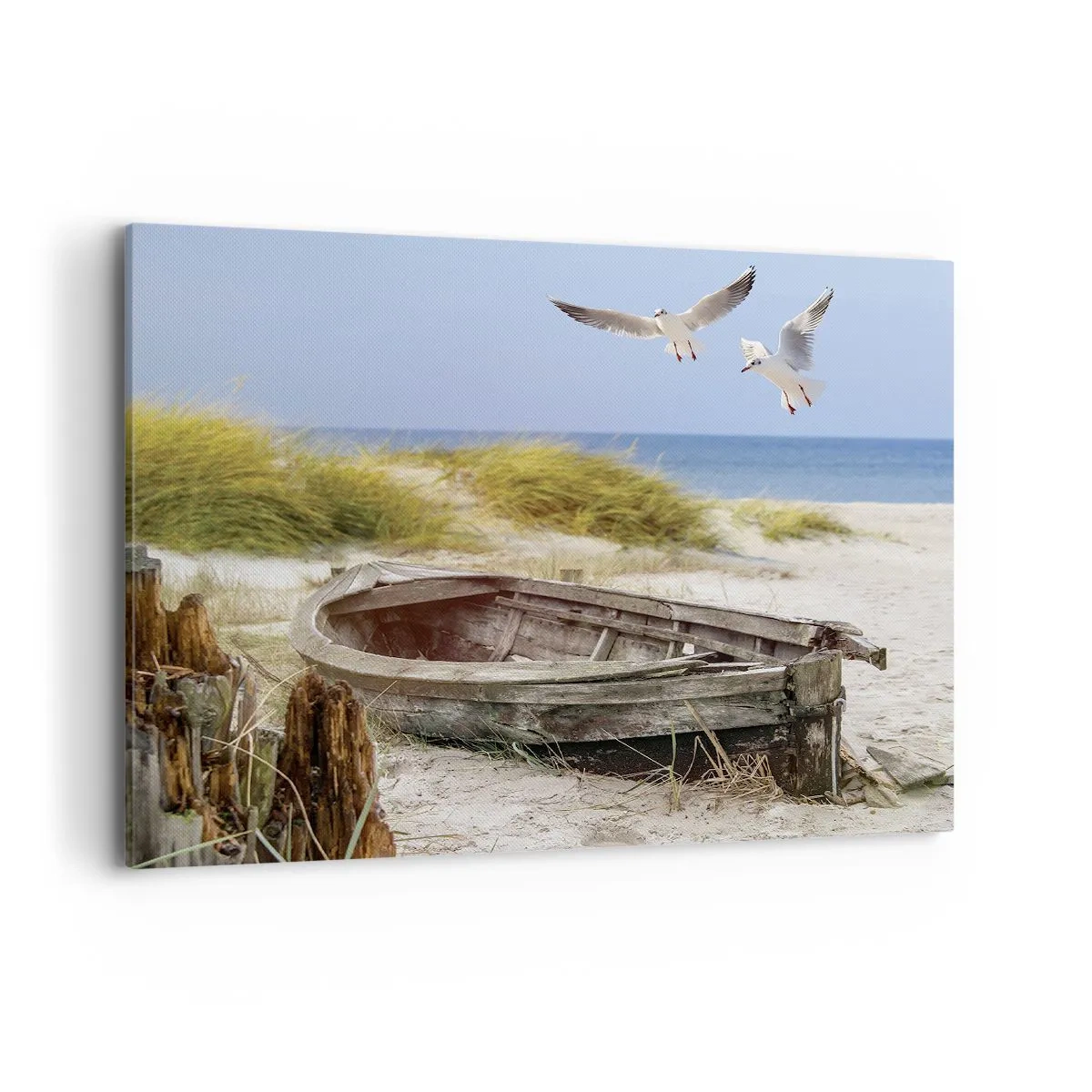 Bild auf Leinwand - Leinwandbild - Verlassenes Boot an einem Strand mit Möwen - 100x70cm - In Wind gebadet - Moderne Wanddekoration für Wohnzimmer und Schlafzimmer ARTTOR