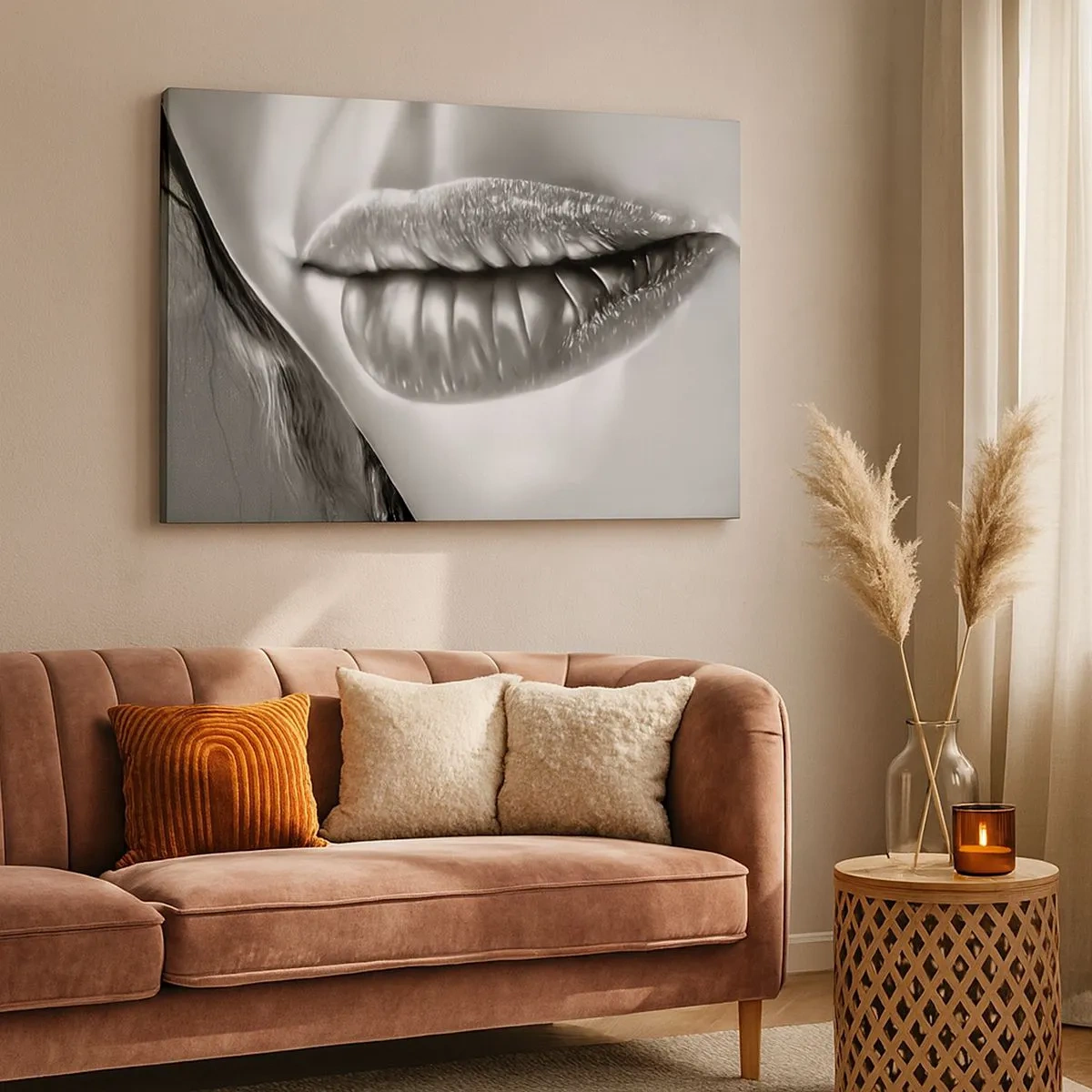 Bild auf Leinwand - Leinwandbild - Schwarz-weiße Nahaufnahme der Lippen einer Frau mit Glanzeffekt und Details. - 70x50cm - Ich weiß, was du denkst… - Moderne Wanddekoration für Wohnzimmer und Schlafzimmer ARTTOR