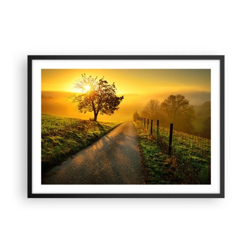 Poster in einem schwarzem Rahmen - Eine malerische Straße bei Sonnenuntergang mit einem einsamen Baum im Hintergrund - 70x50cm - Honig-Nachmittag - Moderne Wanddekoration für Wohnzimmer und Schlafzimmer ARTTOR