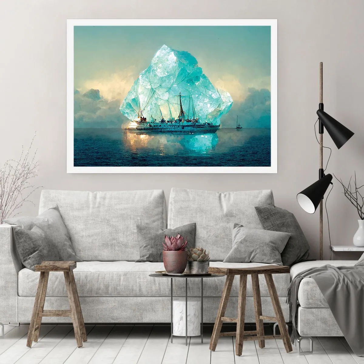Poster - Ein Schiff mit einem majestätischen Eisberg im Hintergrund - 100x70cm - Arktischer Diamant - Moderne Wanddekoration für Wohnzimmer und Schlafzimmer ARTTOR