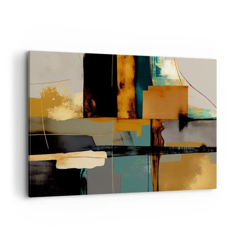 Bild auf Leinwand - Leinwandbild - Abstrakte Komposition mit goldenen und türkisfarbenen Elementen - 120x80cm - Abstraktion – Licht und Schatten - Moderne Wanddekoration für Wohnzimmer und Schlafzimmer ARTTOR