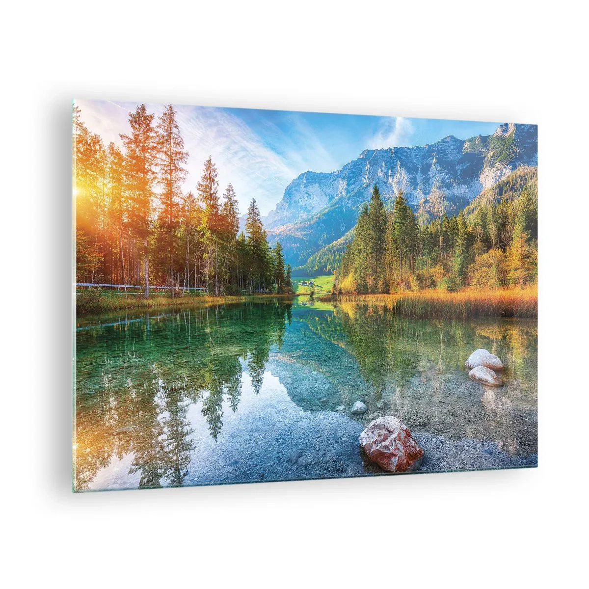 Glasbild - Bild auf glas - Ein Bergsee, umgeben von Wäldern und majestätischen Gipfeln - 70x50cm - Die Sanftheit des Herbstes - Moderne Wanddekoration für Wohnzimmer und Schlafzimmer ARTTOR