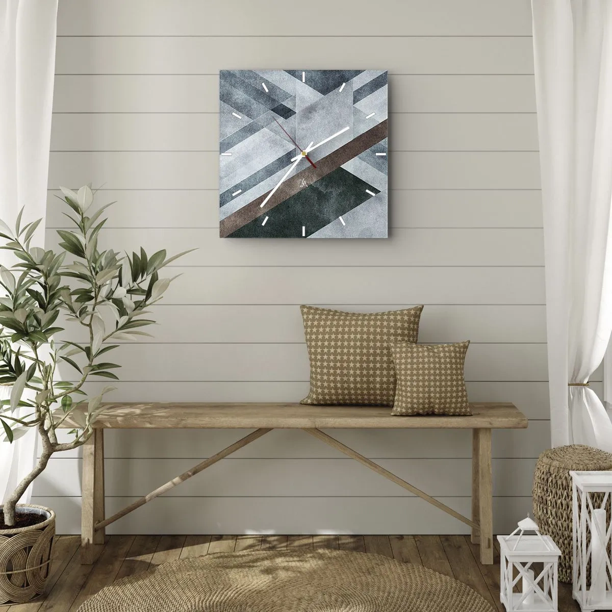 Wanduhr - Glasuhr - Geometrische Formen in kühlen Blau- und Brauntönen - 30x30cm - Anspruchsvolle Eleganz der Geometrie - Moderne Wanddekoration für Wohnzimmer und Schlafzimmer ARTTOR