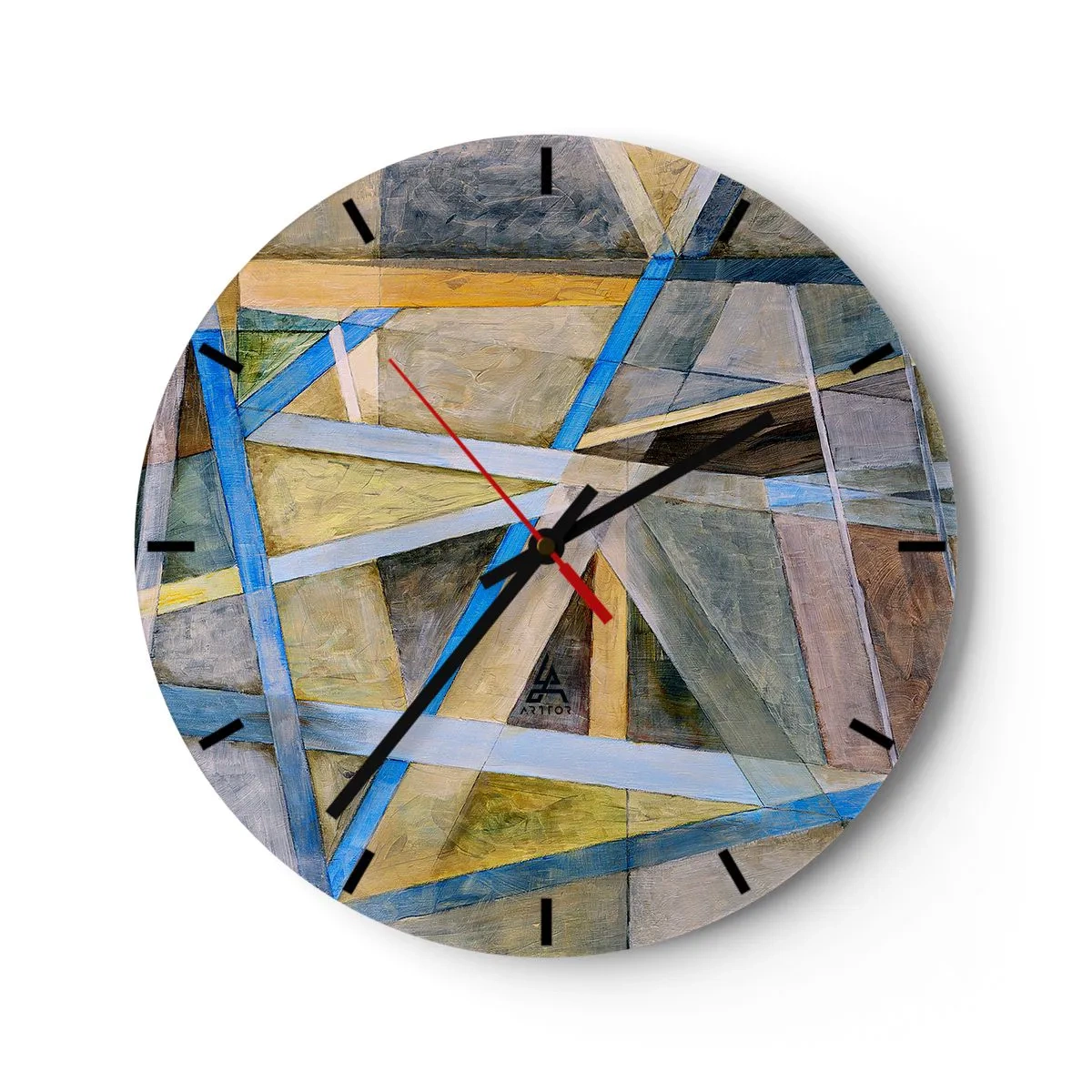 Wanduhr - Glasuhr - Geometrische Abstraktion mit gelben und blauen Akzenten auf neutralem Hintergrund. - 30x30cm - Gerade oder diagonal? - Moderne Wanddekoration für Wohnzimmer, Küche und Schlafzimmer ARTTOR