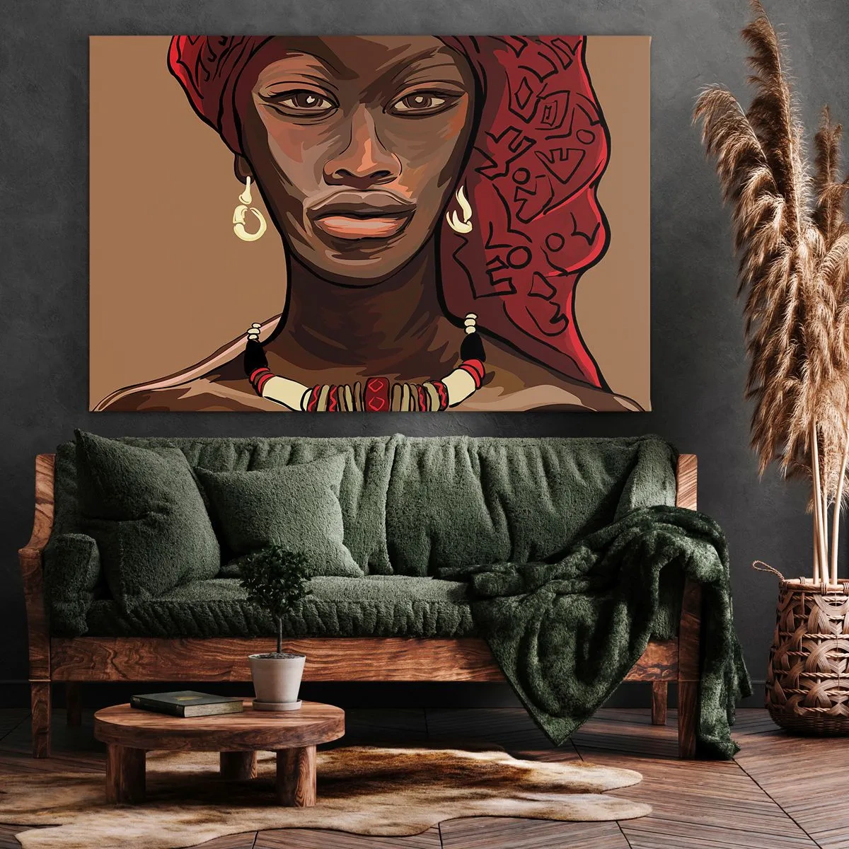 Bild auf Leinwand - Leinwandbild - Porträt einer Frau mit rotem Turban auf beigem Hintergrund - 70x50cm - Venus aus Ebenholz  - Moderne Wanddekoration für Wohnzimmer und Schlafzimmer ARTTOR