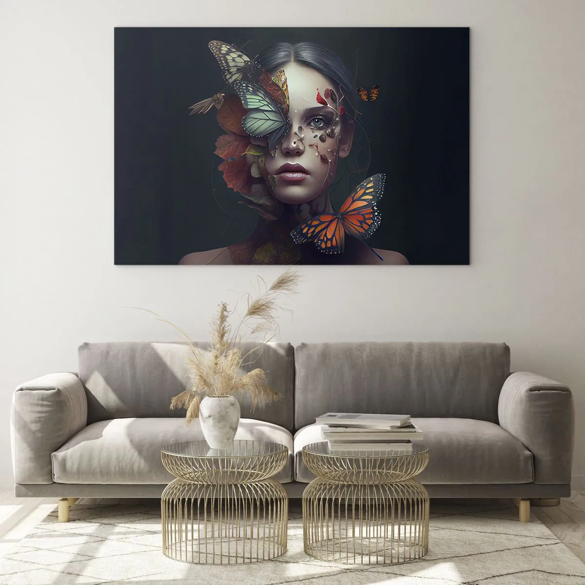 Glasbild - Bild auf glas - Ein Frauengesicht mit Schmetterlingen und Blättern in einer künstlerischen Komposition - 70x50cm - Wunderbare Metamorphose - Moderne Wanddekoration für Wohnzimmer und Schlafzimmer ARTTOR