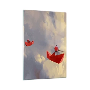 Glasbild - Bild auf glas - Rote Papierboote schweben in den Wolken - 70x100cm - Expedition der Träumer - Moderne Wanddekoration für Wohnzimmer und Schlafzimmer ARTTOR