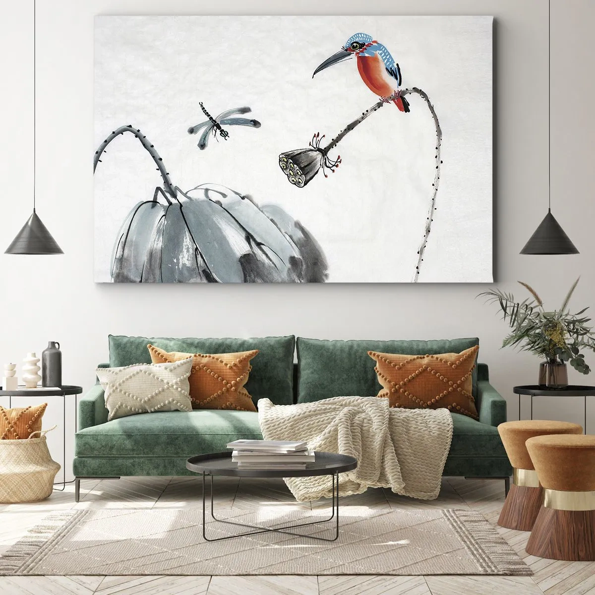 Bild auf Leinwand - Leinwandbild - Ein bunter Vogel vor einem Hintergrund aus Vegetation und einer Libelle - 70x50cm - Das Leben der Wiese - Moderne Wanddekoration für Wohnzimmer und Schlafzimmer ARTTOR