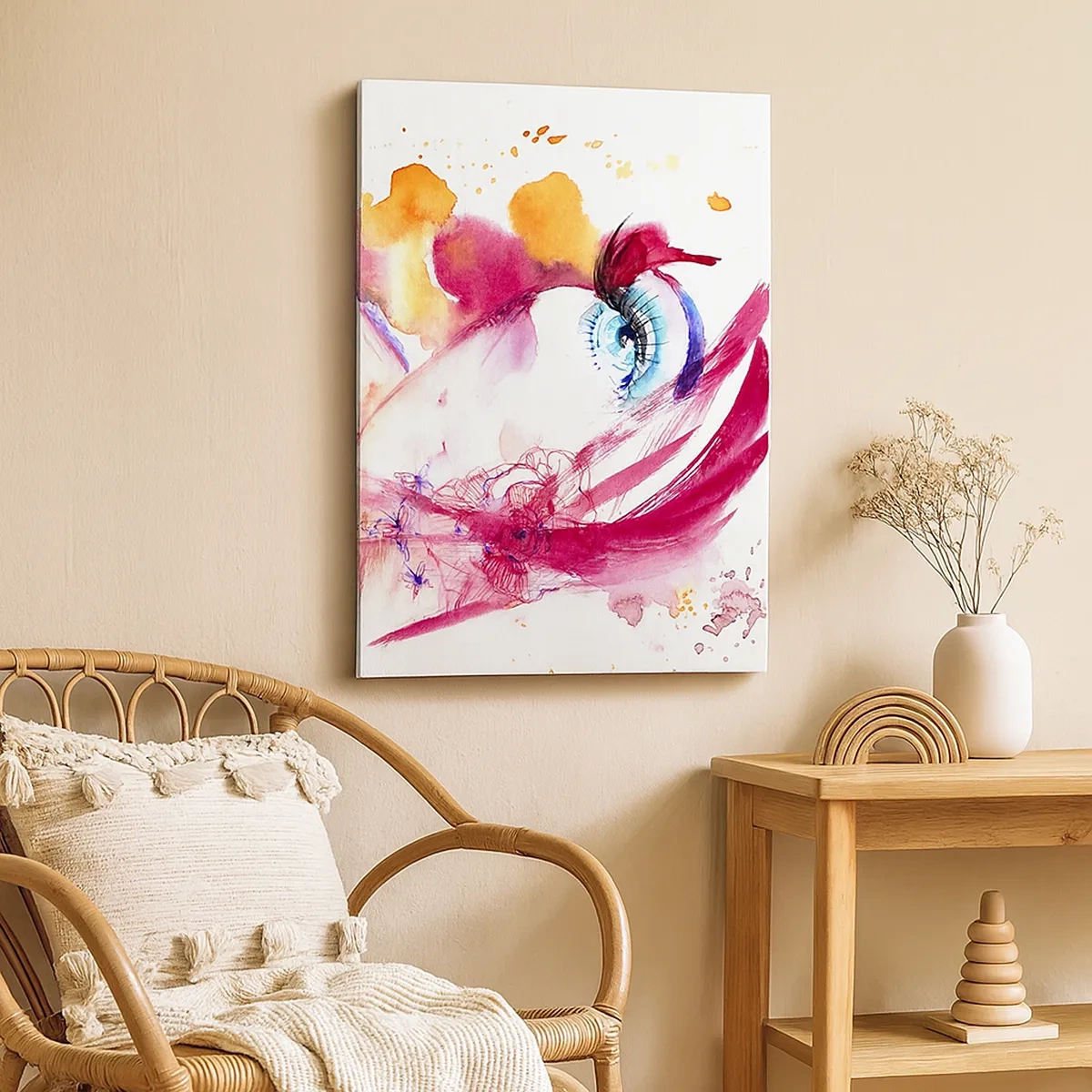 Bild auf Leinwand - Leinwandbild - Ein abstraktes Gesicht mit ausdrucksstarken Augen und roten Akzenten. - 50x70cm - Die Welt gedeiht in der Nähe - Moderne Wanddekoration für Wohnzimmer und Schlafzimmer ARTTOR