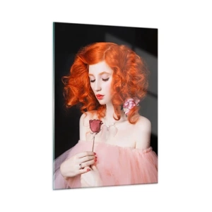 Glasbild - Bild auf glas - Porträt einer Frau mit roten Haaren und einer Rose vor dunklem Hintergrund - 50x70cm - Im barocken Stil - Moderne Wanddekoration für Wohnzimmer und Schlafzimmer ARTTOR