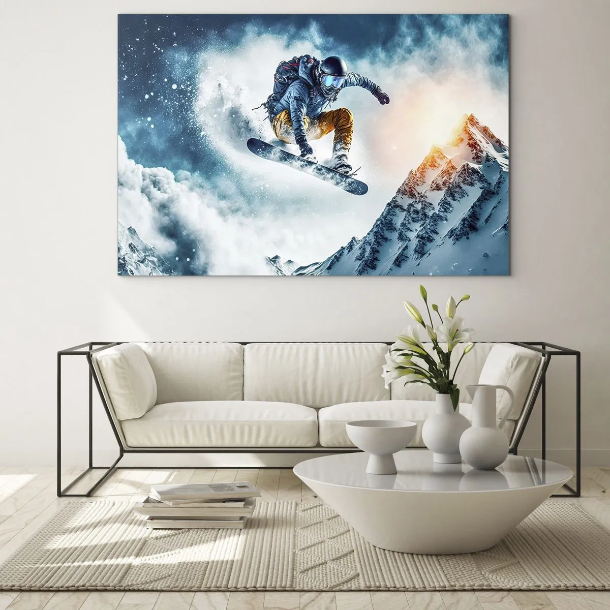 Glasbild - Bild auf glas - Ein Snowboarder fliegt über schneebedeckte Berge - 120x80cm - Extreme Emotionen - Moderne Wanddekoration für Wohnzimmer und Schlafzimmer ARTTOR
