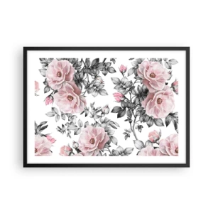 Poster in einem schwarzem Rahmen - Rosa Rosen und Blätter auf einem zarten schwarz-weißen Hintergrund - 70x50cm - Verliere dich in den Blüten der Rosen - Moderne Wanddekoration für Wohnzimmer und Schlafzimmer ARTTOR