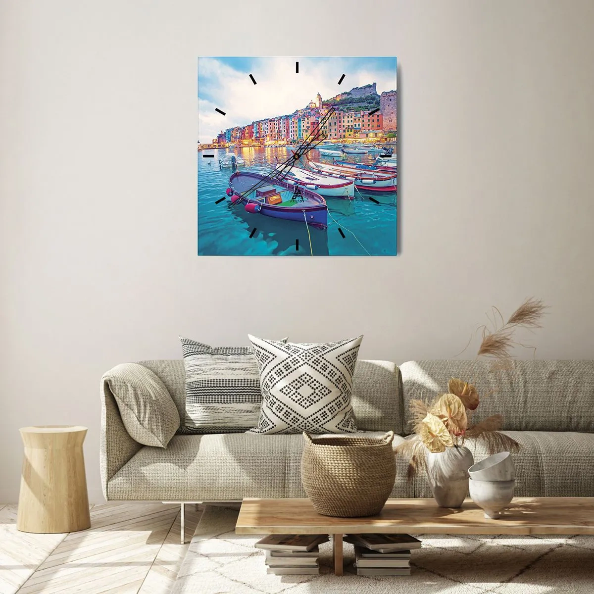 Wanduhr - Glasuhr - Bunter Abend im Hafen - 40x40 cm