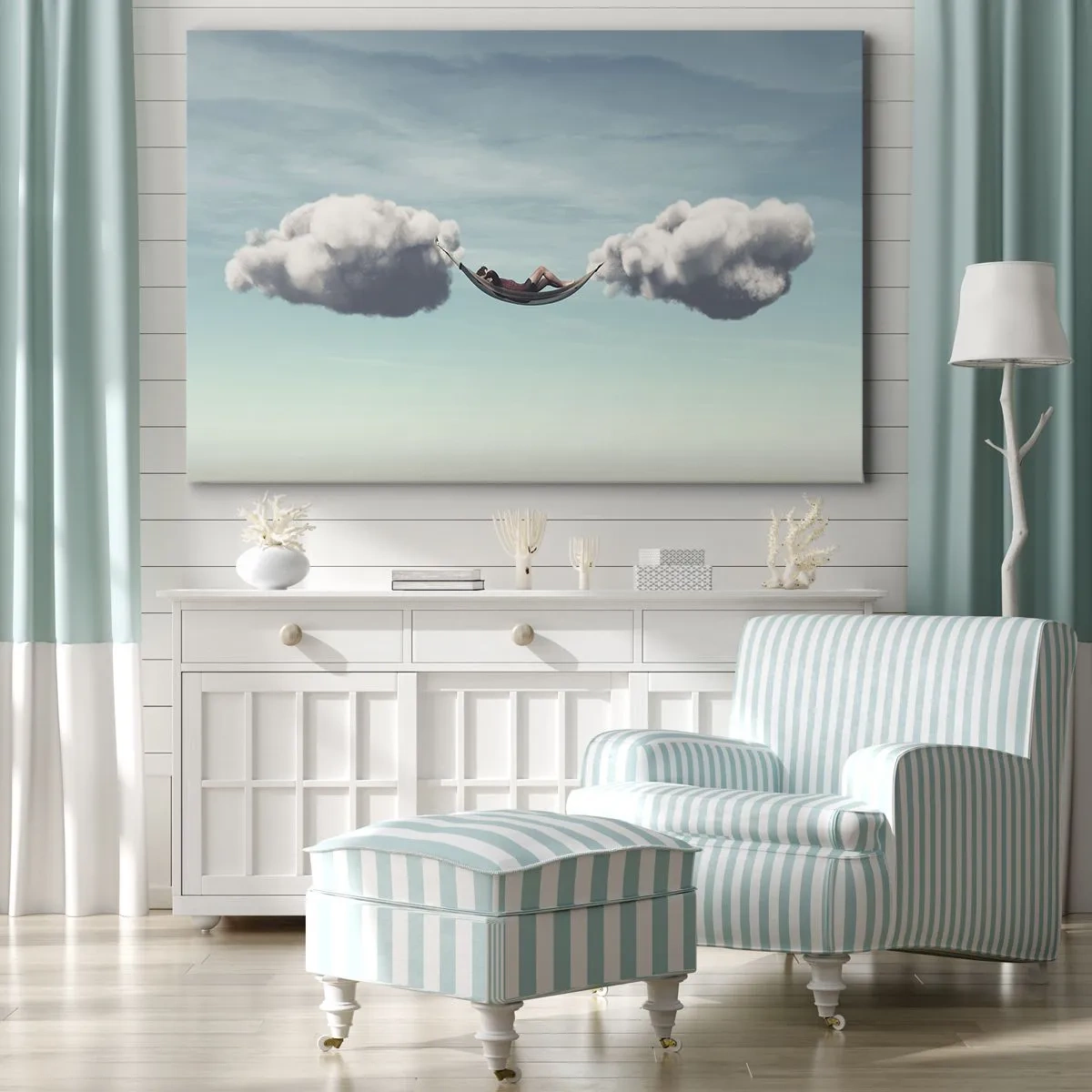 Bild auf Leinwand - Leinwandbild - Eine Person entspannt in einer Hängematte in den Wolken - 120x80cm - Die Behaglichkeit des Augenblicks - Moderne Wanddekoration für Wohnzimmer und Schlafzimmer ARTTOR
