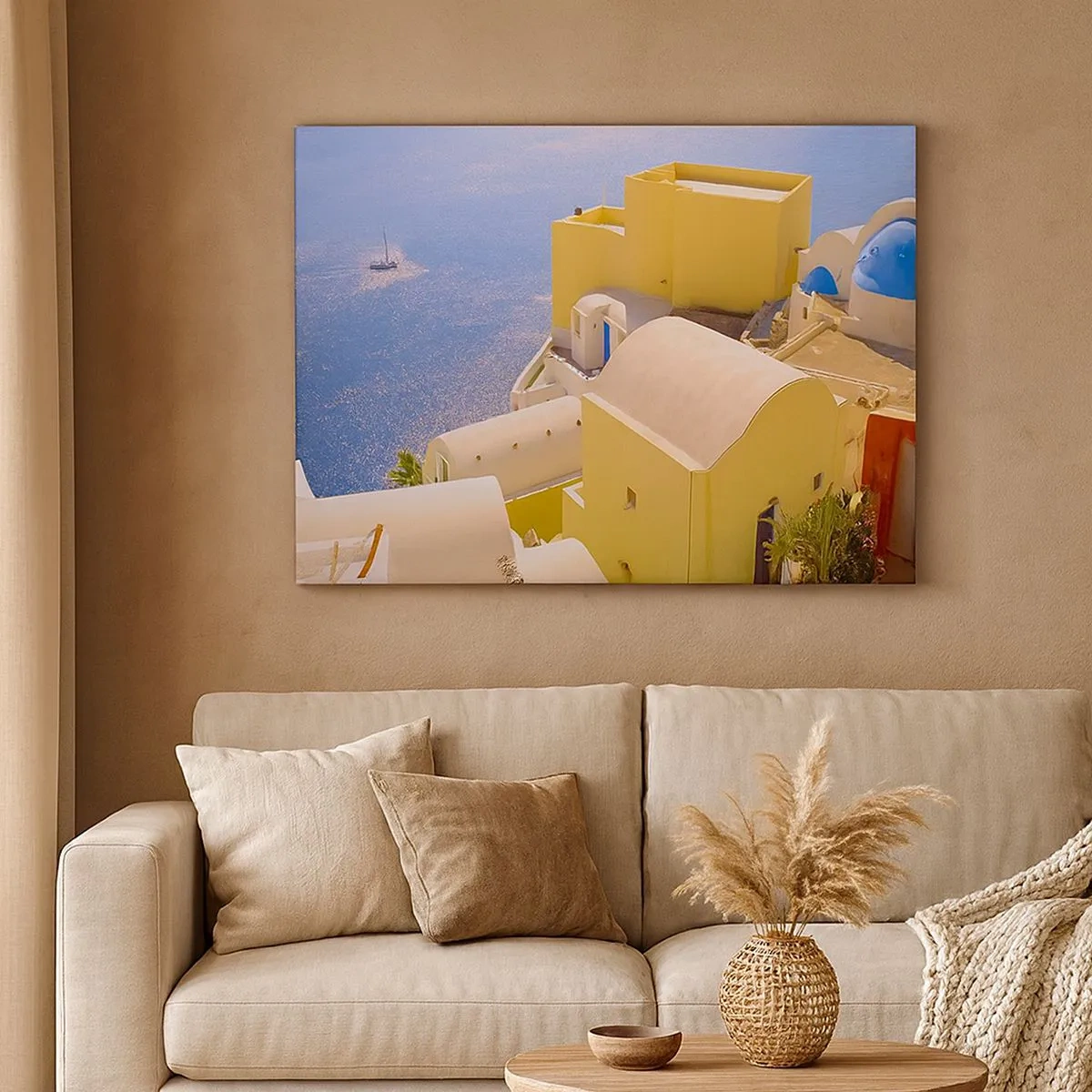 Bild auf Leinwand - Leinwandbild - Griechische Architektur mit Meerblick und einem Boot im Hintergrund - 70x50cm - Griechische Landschaft in Weiß und Blau - Moderne Wanddekoration für Wohnzimmer und Schlafzimmer ARTTOR