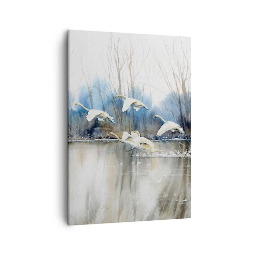 Bild auf Leinwand - Leinwandbild - Schwäne im Flug über einem zugefrorenen See in einer Winterlandschaft - 50x70cm - Wie im Märchen von den wilden Schwänen - Moderne Wanddekoration für Wohnzimmer und Schlafzimmer ARTTOR